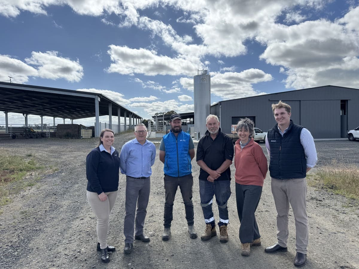 Rabobank’s Hannah Sturgiss, Craig Hoober and Alex Bennet, far right, with Callum, Chris and Janine Moscript.