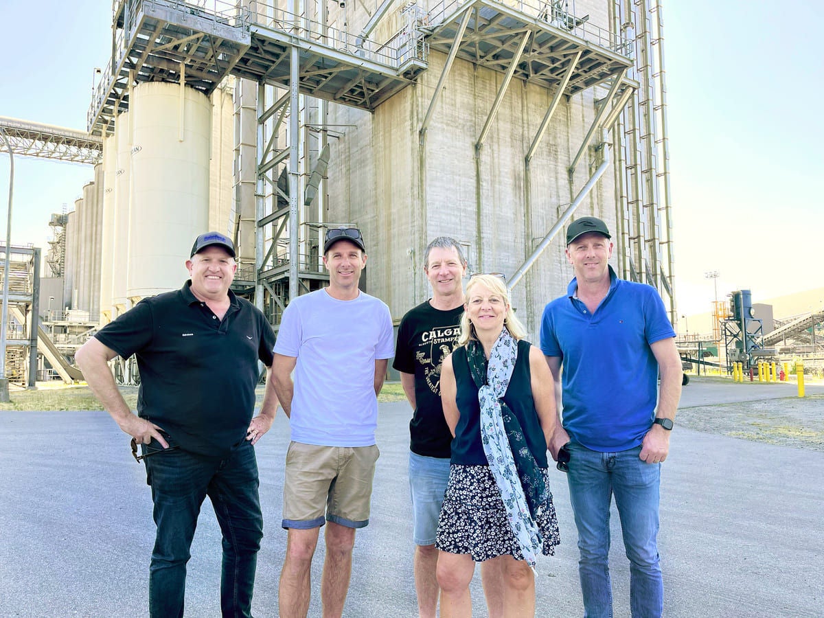 South Australia’s Ben Allen, Ryan Modra, Paul Correll, Andrea Correll and Justin Modra at G3 Grain Terminal in Vancouver.